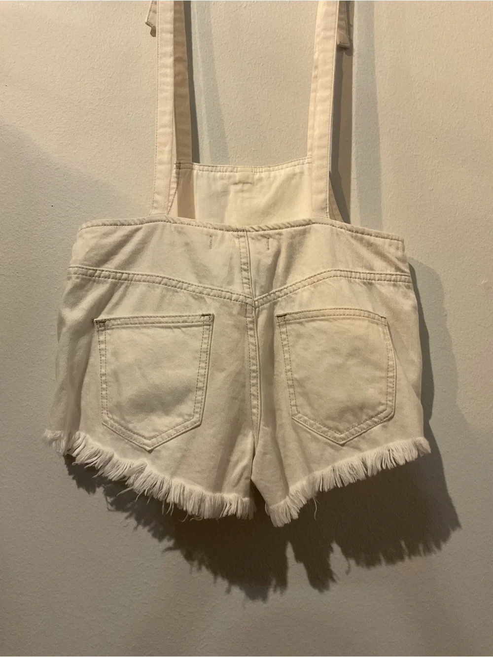 We the Free (Free People) White Cream Denim Suspender Shortalls Raw Hem- size 24